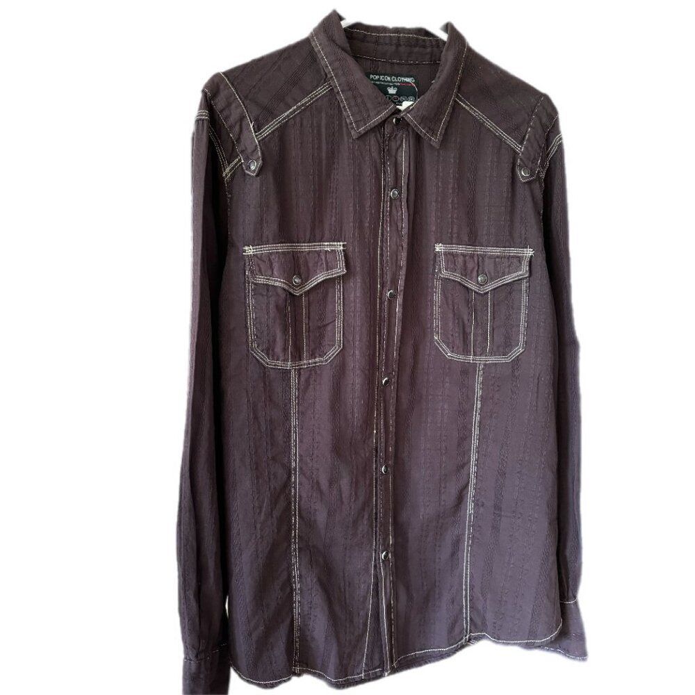 Pop Icon Shirt Mens XL Western Pearl Snaps Blue 100% Cotton Long Sleeve Detail